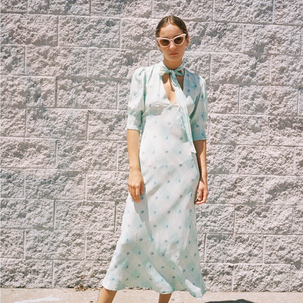 RIXO London Harper Puff Sleeve Maxi Dress Blue/Green Plaid Floral Print